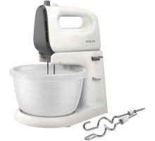 Миксер Philips/ 450 Вт, 5 скоростей + турбо режим, вращающаяся чаша, 3 л, венчики для взбивания, крюки для теста, белый/серый