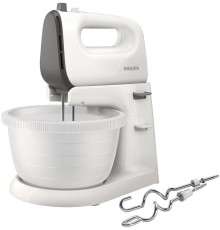 Миксер Philips/ 450 Вт, 5 скоростей + турбо режим, вращающаяся чаша, 3 л, венчики для взбивания, крюки для теста, белый/серый