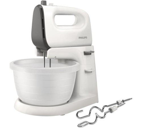 Миксер Philips/ 450 Вт, 5 скоростей + турбо режим, вращающаяся чаша, 3 л, венчики для взбивания, крюки для теста, белый/серый Миксер Philips/ 450 Вт, 5 скоростей + турбо режим, вращающаяся чаша, 3 л, венчики для взбивания, крюки для теста, белый/серый