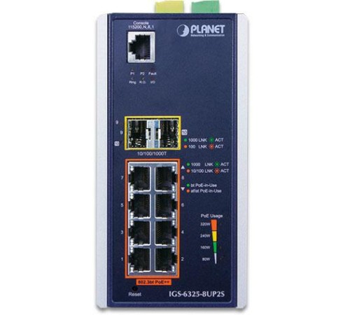 коммутатор/ PLANET IGS-6325-8UP2S IP30 DIN-rail Industrial L3 8-Port 10/100/1000T 802.3bt PoE + 2-port 1G/2.5G SFP Full Managed Switch (-40 to 75 C, 8-port 95W PoE++, 802.3bt/PoH/Force modes, dual redundant power input on 48~56VDC terminal block, DIDO, ER