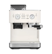 Полуавтоматическая кофемашина KitchenAid, давление 15 бар, 15 уровней помола, объем резервуара для воды 2.5 л, автоматический капучинатор, одновременное приготовление двух чашек, индикатор наличия зерен, индикация уровня воды, цвет фарфоровый белый