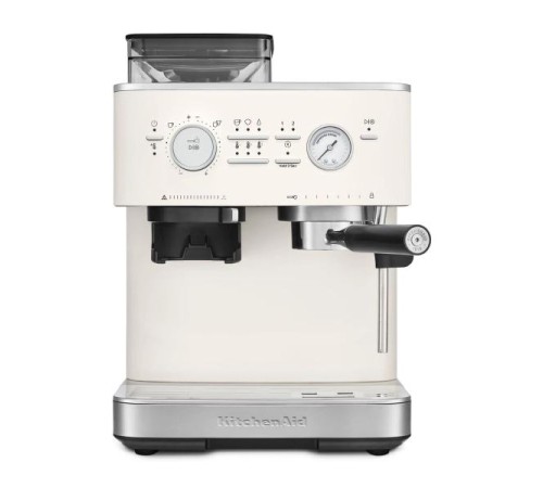 Полуавтоматическая кофемашина KitchenAid, давление 15 бар, 15 уровней помола, объем резервуара для воды 2.5 л, автоматический капучинатор, одновременное приготовление двух чашек, индикатор наличия зерен, индикация уровня воды, цвет фарфоровый белый Полуавтоматическая кофемашина KitchenAid, давление 15 бар, 15 уровней помола, объем резервуара для воды 2.5 л, автоматический капучинатор, одновременное приготовление двух чашек, индикатор наличия зерен, индикация уровня воды, цвет фарфоровый белый