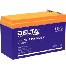 Батарея DELTA серия HRL-X, HRL 12-9 X, напряжение 12В, емкость 9Ач (разряд 10 часов),  макс. ток разряда (5 сек.) 135А, макс. ток заряда 2.7А, свинцово-кислотная типа AGM, клеммы F2, ДxШxВ 151х65х94мм., вес 2.55кг., срок службы 12 лет./ Battery DELTA seri