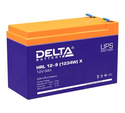 Батарея DELTA серия HRL-X, HRL 12-9 X, напряжение 12В, емкость 9Ач (разряд 10 часов), макс. ток разряда (5 сек.) 135А, макс. ток заряда 2.7А, свинцово-кислотная типа AGM, клеммы F2, ДxШxВ 151х65х94мм., вес 2.55кг., срок службы 12 лет./ Battery DELTA seri Батарея DELTA серия HRL-X, HRL 12-9 X, напряжение 12В, емкость 9Ач (разряд 10 часов), макс. ток разряда (5 сек.) 135А, макс. ток заряда 2.7А, свинцово-кислотная типа AGM, клеммы F2, ДxШxВ 151х65х94мм., вес 2.55кг., срок службы 12 лет./ Battery DELTA seri