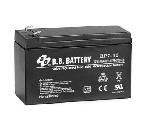 Батарея B.B. Battery серия BP, BP7-12, напряжение 12В, емкость 7Ач (разряд 20 часов), макс. ток разряда (5 сек.) 105А, макс. ток заряда 2.1A, свинцово-кислотная типа AGM, клеммы T2, ДxШxВ 151x65x98мм., вес 2.54кг., срок службы 10 лет/ B.B. Battery series Батарея B.B. Battery серия BP, BP7-12, напряжение 12В, емкость 7Ач (разряд 20 часов), макс. ток разряда (5 сек.) 105А, макс. ток заряда 2.1A, свинцово-кислотная типа AGM, клеммы T2, ДxШxВ 151x65x98мм., вес 2.54кг., срок службы 10 лет/ B.B. Battery series