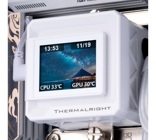 Водяное охлаждение для процессора/ Water Cooling System Thermalright Frozen Warframe SE 240 ARGB White (240mm, LED temp., Black, ARGB/ Fans: 2x120mm, 70.84CFM, 29.8dBA, 2000RPM/ Pump height 59mm, Rad thickness 27mm/ S: 1851, 1700, 1200, 115X, AM5, AM4) Водяное охлаждение для процессора/ Water Cooling System Thermalright Frozen Warframe SE 240 ARGB White (240mm, LED temp., Black, ARGB/ Fans: 2x120mm, 70.84CFM, 29.8dBA, 2000RPM/ Pump height 59mm, Rad thickness 27mm/ S: 1851, 1700, 1200, 115X, AM5, AM4)