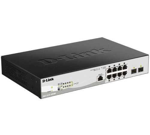 Коммутатор/ DGS-1210-10P/ME/B Managed L2 Metro Ethernet Switch 8x1000Base-T PoE, 2x1000Base-X SFP, PoE Budget 78W, Surge 6KV, CLI, RJ45 Console, Dying Gasp