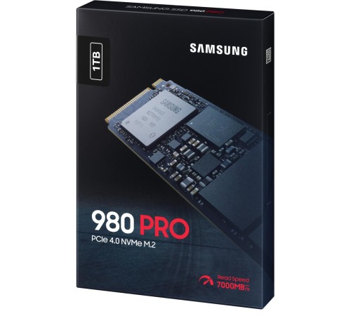 Твердотельные накопители/ Samsung SSD 980 PRO, 1000GB, M.2(22x80mm), NVMe 1.3c, PCIe 4.0 x4, 3-bit MLC, R/W 7000/5000MB/s, IOPs 1 000 000/1 000 000, DRAM buffer 1024MB, TBW 600, DWPD 0.33, with Heatsink (12 мес.)