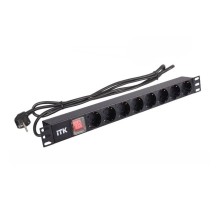 ITK PDU 8 розеток DIN49440 (нем. cтанд.) с LED выключателем, 1U, шнур 2м вилка DIN49441 (нем. станд.), алюминиевый профиль, черный