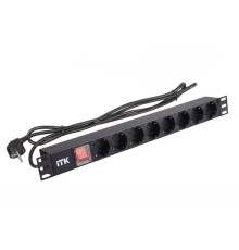 ITK PDU 8 розеток DIN49440 (нем. cтанд.) с LED выключателем, 1U, шнур 2м вилка DIN49441 (нем. станд.), алюминиевый профиль, черный