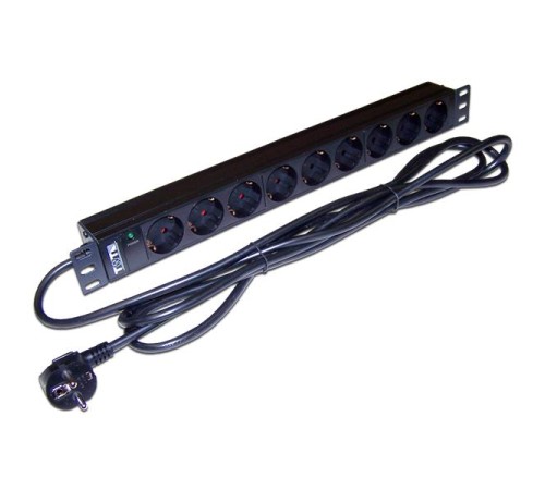 Блок розеток Блок розеток 19", 1-фазный без выключателя, 16A / 250V, 9xSchuko, шнур 3.0 м, вилка Schuko