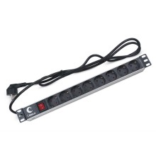  Cabeus PDU-8P-2EU Блок евророзеток для 19" шкафов, гориз., 8 розеток, 16 A, выключатель, шнур 2м, алюм. корпус, немецкий стандарт
