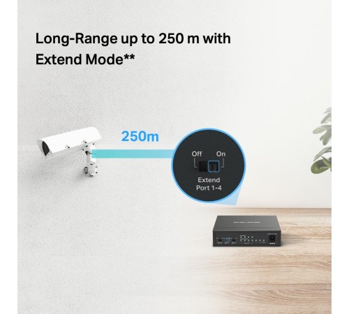 Коммутатор/ 6-Port 10/100 Mbps Desktop Switch with 4-Port PoE+ PORT: 4x10/100 Mbps PoE+ Ports, 2x10/100 Mbps Non-PoE Ports SPEC: Compatible with 802.3af/at PDs, 40 W PoE Power, Desktop Steel Case, Wall Mounting FEATURE: Extend Mode for 250m PoE Transmitti