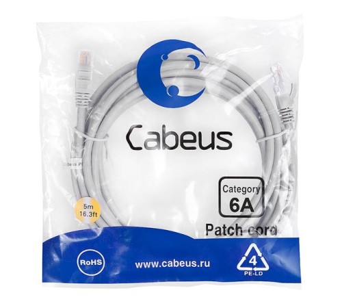 Патч-корд U/UTP, категория 6а (10G), 2xRJ45/8p8c, LSZH, 5м Cabeus PC-UTP-RJ45-Cat.6a-5m-LSZH Патч-корд U/UTP, категория 6а (10G), 2xRJ45/8p8c, неэкранированный, серый, LSZH, 5м