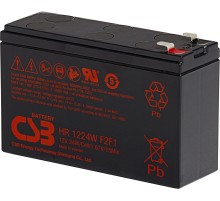 Батарея CSB серия HR, HR1224W F2 F1, напряжение 12В, емкость 6Ач (разряд 20 часов), 24 Вт/Эл при 15-мин. разряде до U кон. - 1.67 В/Эл при 25 °С, макс. ток разряда (5 сек.) 130А, ток короткого замыкания 260А, макс. ток заряда 2.4A, свинцово-кислотная типа