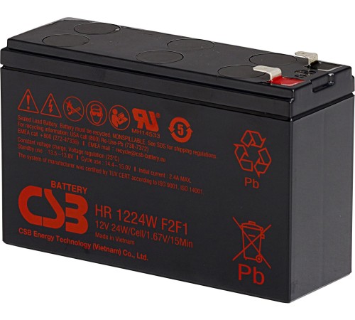 Батарея CSB серия HR, HR1224W F2 F1, напряжение 12В, емкость 6Ач (разряд 20 часов), 24 Вт/Эл при 15-мин. разряде до U кон. - 1.67 В/Эл при 25 °С, макс. ток разряда (5 сек.) 130А, ток короткого замыкания 260А, макс. ток заряда 2.4A, свинцово-кислотная типа Батарея CSB серия HR, HR1224W F2 F1, напряжение 12В, емкость 6Ач (разряд 20 часов), 24 Вт/Эл при 15-мин. разряде до U кон. - 1.67 В/Эл при 25 °С, макс. ток разряда (5 сек.) 130А, ток короткого замыкания 260А, макс. ток заряда 2.4A, свинцово-кислотная типа