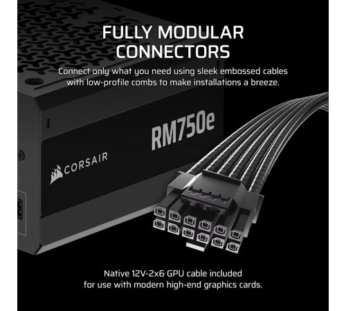 Блоки питания/ Power Supply Corsair RM750e, 750W 80+ Gold (ATX, 3.1, PCIe 5.1, Full modular, 1x24(20+4)pin, 2xEPS/ATX 12V 8-pin (4+4), 1x12V-2x6(12+4)pin, 2x12V-2x6 to Dual 8-Pin(6+2), 1xPCIe 8-Pin(6+2), 4xSATA (4 Straight SATA), 4xSATA / PATA (2 Straight Блоки питания/ Power Supply Corsair RM750e, 750W 80+ Gold (ATX, 3.1, PCIe 5.1, Full modular, 1x24(20+4)pin, 2xEPS/ATX 12V 8-pin (4+4), 1x12V-2x6(12+4)pin, 2x12V-2x6 to Dual 8-Pin(6+2), 1xPCIe 8-Pin(6+2), 4xSATA (4 Straight SATA), 4xSATA / PATA (2 Straight