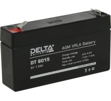 Батарея DELTA серия DT, DT 6015, напряжение 6В, емкость 1.5Ач (разряд 20 часов),  макс. ток разряда (5 сек.) 18А, макс. ток заряда 0.45А, свинцово-кислотная типа AGM, клеммы F1, ДxШxВ 97х24х51мм., вес 0.3кг., срок службы 5 лет./ Battery DELTA series DT, D
