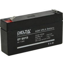 Батарея DELTA серия DT, DT 6015, напряжение 6В, емкость 1.5Ач (разряд 20 часов),  макс. ток разряда (5 сек.) 18А, макс. ток заряда 0.45А, свинцово-кислотная типа AGM, клеммы F1, ДxШxВ 97х24х51мм., вес 0.3кг., срок службы 5 лет./ Battery DELTA series DT, D