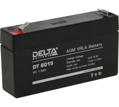 Батарея DELTA серия DT, DT 6015, напряжение 6В, емкость 1.5Ач (разряд 20 часов),  макс. ток разряда (5 сек.) 18А, макс. ток заряда 0.45А, свинцово-кислотная типа AGM, клеммы F1, ДxШxВ 97х24х51мм., вес 0.3кг., срок службы 5 лет./ Battery DELTA series DT, D