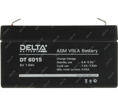 Батарея DELTA серия DT, DT 6015, напряжение 6В, емкость 1.5Ач (разряд 20 часов),  макс. ток разряда (5 сек.) 18А, макс. ток заряда 0.45А, свинцово-кислотная типа AGM, клеммы F1, ДxШxВ 97х24х51мм., вес 0.3кг., срок службы 5 лет./ Battery DELTA series DT, D
