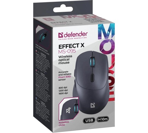 Беспроводная оптическая мышь Defender 52095 Effect X MS-095 черный,6D,800-1600dpi,бесшумн Беспроводная оптическая мышь Defender 52095 Effect X MS-095 черный,6D,800-1600dpi,бесшумн