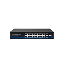 Управляемый L2 PoE коммутатор Gigabit Ethernet/ Управляемый L2 PoE коммутатор Gigabit Ethernet на 16 RJ45 PoE + 2 x RJ45 + 2 GE SFP портов. Порты: 16 x GE (10/100/1000 Base-T) с поддержкой PoE (IEEE 802.3af/at), 2 x GE (10/100/1000 Base-T) Uplink, 2 x GE