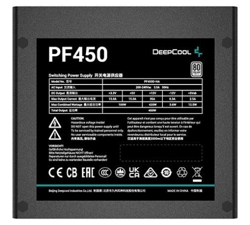 Блок питания Deepcool PF450 80+ (ATX 2.4 450W, PWM 120mm fan, 80 PLUS, Active PFC) RET Блок питания Deepcool PF450 80+ (ATX 2.4 450W, PWM 120mm fan, 80 PLUS, Active PFC) RET