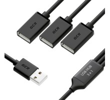 GCR USB Hub 2.0 на 3 порта, 0.35m, гибкий, AM / 3 х AF, черный, GCR-51864