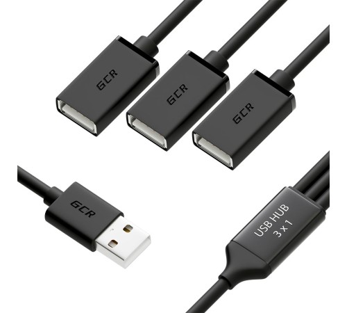 GCR USB Hub 2.0 на 3 порта, 0.35m, гибкий, AM / 3 х AF, черный, GCR-51864