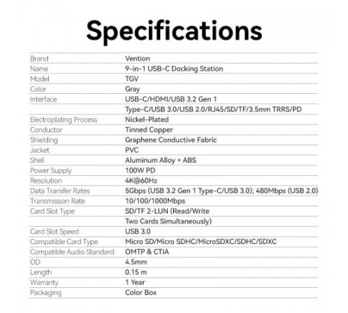Мультифункциональный хаб Vention USB-C 9 в 1, шт. Мультифункциональный хаб Vention USB-C 9 в 1, шт.