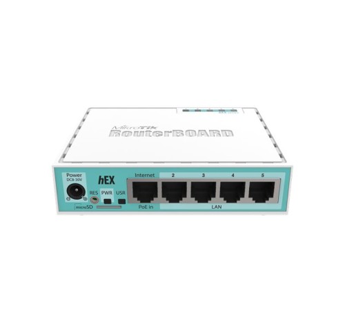 Маршрутизатор MikroTik hEX with Dual Core 880MHz MHz CPU, 256MB RAM, 5 Gigabit LAN ports, USB, RouterOS L4, plastic case, PSU