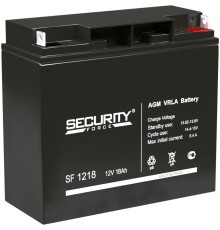 Батарея SECURITY FORCE серия SF, SF 1218, напряжение 12В, емкость 18Ач (разряд 20 часов),  макс. ток разряда (5 сек.) 30А, макс. ток заряда 5.4А, свинцово-кислотная типа AGM, клеммы под гайку и болт M6, ДxШxВ 181х77х167мм., вес кг., срок службы 3-5 лет./