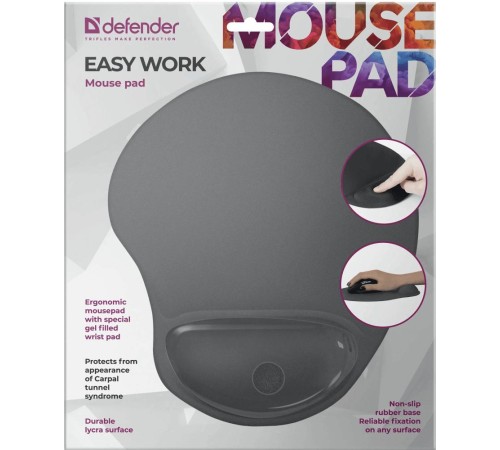 Коврик для компьютерной мыши Defender 50915 Easy Work серый, лайкра, 260х225х5 мм