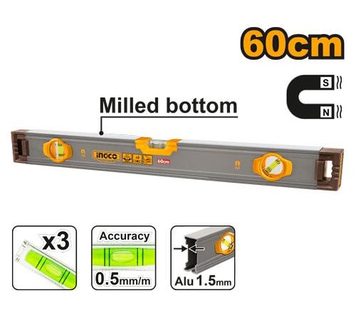 Пузырьковый уровень с мощными магнитами Ingco HSL38060M,60 см, 3 уровня Пузырьковый уровень с мощными магнитами Ingco HSL38060M,60 см, 3 уровня