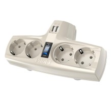 Сетевой фильтр Сетевой фильтр PILOT T USB, 4 розетки с заземлением, 15A/3,3кВт, 2 USB разъема для зарядки, белый, Россия