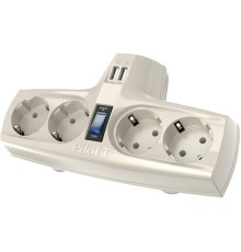 Сетевой фильтр ZIS Company  Pilot T USB, 4 розетки с заземлением, 15A, 3300Вт, 2 USB разъема для зарядки, цвет белый (потёртости)