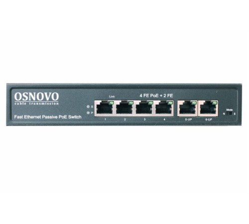 PoE Коммутатор OSNOVO SW-20600/A(80W) Passive PoE коммутатор Fast Ethernet на 6 портов. Порты: 4 х FE (10/100 Base-T, 52V 4,5(+) 7,8(–)) совместимы с PoE (IEEE 802.3af/at), 2 x FE (10/100 Base-T) Uplink. Совместим с
