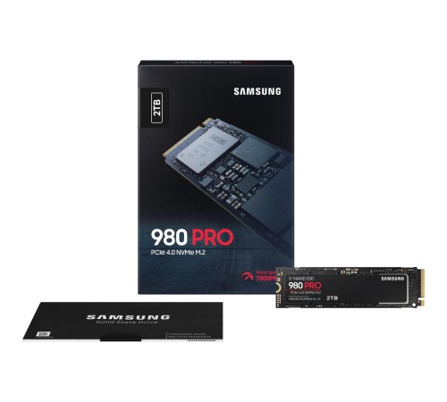 Твердотельные накопители/ Samsung SSD 980 PRO, 2000GB, M.2(22x80mm), NVMe 1.3c, PCIe 4.0 x4, 3-bit MLC, R/W 7000/5000MB/s, IOPs 1 000 000/1 000 000, DRAM buffer 2048MB, TBW 1200, DWPD 0.33 (12 мес.)
