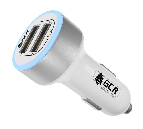 GCR Автомобильное зарядное устройство на 2 USB порта 4.8A, белое, LED индикация, GCR-51984