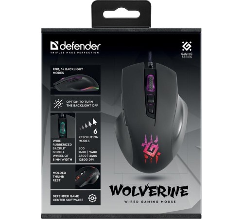 Defender Проводная игровая мышь Wolverine GM-700L RGB,7кнопок,12800dpi