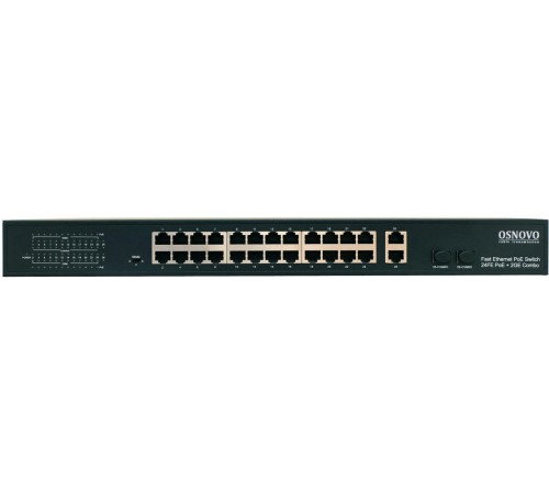 Коммутатор/ OSNOVO PoE коммутатор 24 x 10/100 Base-T PoE, 2 x GE Combo Uplink (RJ45 + SFP), PoE на порт - до 30W, суммарно PoE до 385W