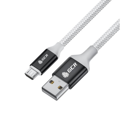 GCR QC Кабель 0.5m MicroUSB, быстрая зарядка, белый нейлон, AL корпус черный, белый ПВХ, 28/24 AWG, GCR-53578