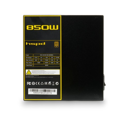 Блок питания/ Power Supply HSPD, 850W 80+ Gold (ATX, 2.52, Full modular, 1x24(20+4)pin mesh 550mm, 1xCPU*2 8(4+4)pin 650+150mm, 2xPCIe*2 8(6+2)pin 500+150mm, 2xSATA*3 450+150+150mm, 1xMOLEX4pin*3 450+150+150mm , Active, 120x120mm, 150x140x86mm, APFC, OVP, Блок питания/ Power Supply HSPD, 850W 80+ Gold (ATX, 2.52, Full modular, 1x24(20+4)pin mesh 550mm, 1xCPU*2 8(4+4)pin 650+150mm, 2xPCIe*2 8(6+2)pin 500+150mm, 2xSATA*3 450+150+150mm, 1xMOLEX4pin*3 450+150+150mm , Active, 120x120mm, 150x140x86mm, APFC, OVP,