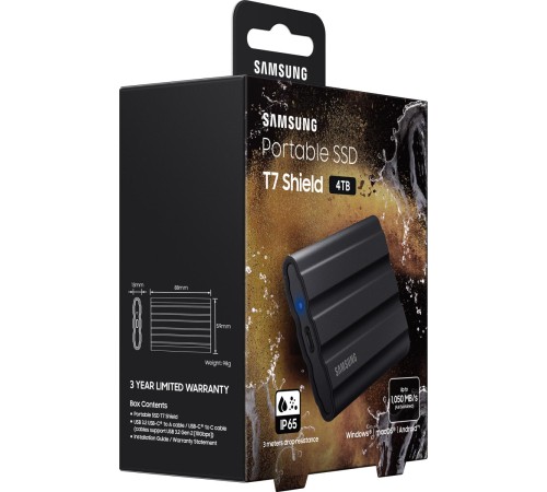 Внешние HDD и SSD/ Samsung External SSD T7 Shield, 4TB, Type C-to-C/A, USB 3.2 Gen2, R/W 1050/1000MB/s, IP65, 88x59x13mm, 98g, Black (12 мес.) Внешние HDD и SSD/ Samsung External SSD T7 Shield, 4TB, Type C-to-C/A, USB 3.2 Gen2, R/W 1050/1000MB/s, IP65, 88x59x13mm, 98g, Black (12 мес.)