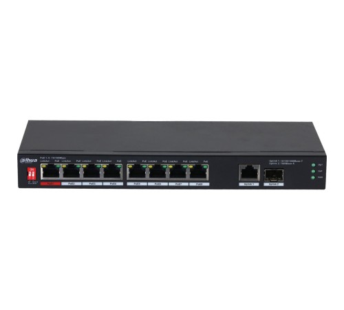 8-портовый неуправляемый коммутатор с РОЕ, Порты: 8 RJ45 10/100Мбит/с (PoE/PoE+/Hi-PoE/IEEE 802.3bt) 1 RJ45 10/100/1000Мбит/с (uplink) 1 SFP 1000Мбит/с (uplink); мощность PoE: порты 1 до 90Вт порты 28 до 30Вт суммарно до 96Вт; PoE watchdog передача до 250