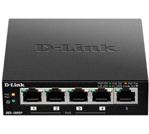 Коммутатор/ DES-1005P,DES-1005P/B Unmanaged Switch 5x100Base-TX (4x100Base-TX PoE), PoE Budget 60W, metal case
