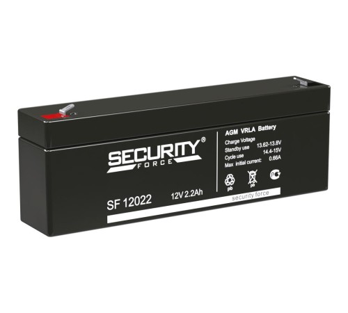 Батарея SECURITY FORCE серия SF, SF 12022, напряжение 12В, емкость 2.2Ач (разряд 20 часов), макс. ток разряда (5 сек.) 52.5А, макс. ток заряда 0.66А, свинцово-кислотная типа AGM, клеммы F1, ДxШxВ 179х35х61мм., вес кг., срок службы 3-5 лет./ Battery SECUR Батарея SECURITY FORCE серия SF, SF 12022, напряжение 12В, емкость 2.2Ач (разряд 20 часов), макс. ток разряда (5 сек.) 52.5А, макс. ток заряда 0.66А, свинцово-кислотная типа AGM, клеммы F1, ДxШxВ 179х35х61мм., вес кг., срок службы 3-5 лет./ Battery SECUR