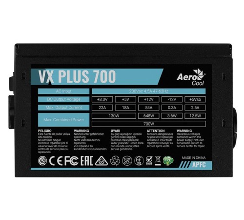 Блок питания Aerocool 700W Retail VX PLUS 700 ATX v2.3 Haswell, fan 12cm, 500mm cable, power cord, 20+4P, 4+4P, PCIe 6+2P x2, PATA x3, SATA x6, FDD Блок питания Aerocool 700W Retail VX PLUS 700 ATX v2.3 Haswell, fan 12cm, 500mm cable, power cord, 20+4P, 4+4P, PCIe 6+2P x2, PATA x3, SATA x6, FDD