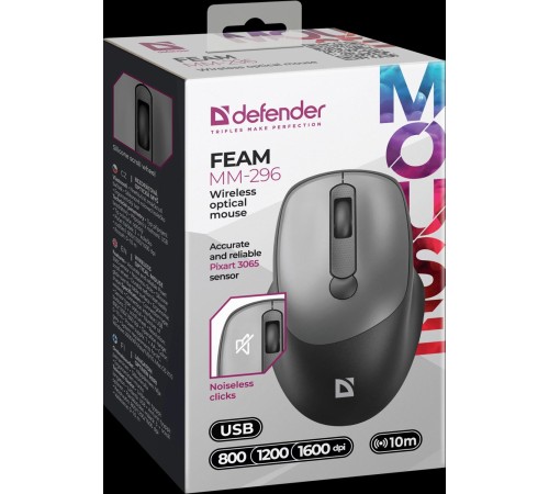 Defender Беспроводная оптическая мышь Feam MM-296 черный,4D,800-1600dpi,бесшумн